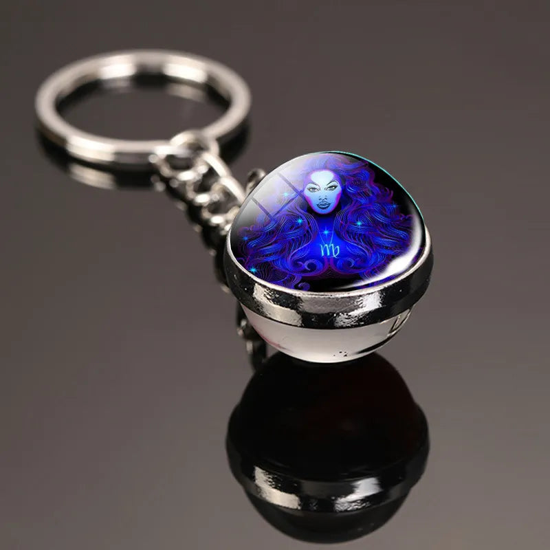Creative 12 Constellation Key Ring Time Stone Double-Sided Glass Ball Metal Keychain Pendant Key Chain Accessories Fashion Gift